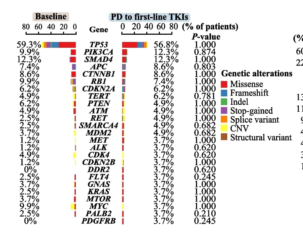 Open access visualization of Stacked Bar Plot, Mutated genes, Baseline samples, Progressive disease samples, Frequency