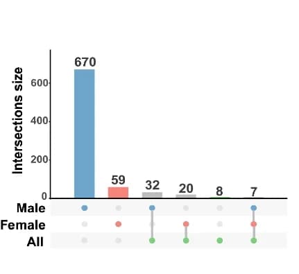 Open access visualization of Bar Plot, UpSet, Upset Plot, Upregulated Genes, Male