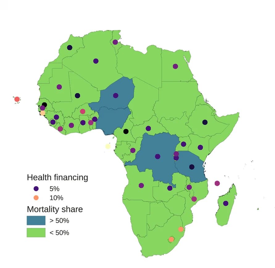 Open access visualization of Geo Map, Health Financing, Malaria Mortality, Government Health Spending, Malaria Deaths