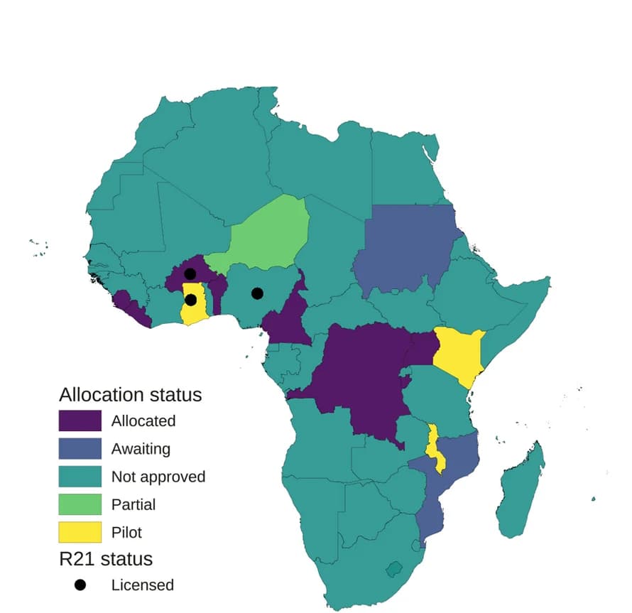 Open access visualization of Geo Map, Malaria Vaccine, Vaccine Allocation, Gavi Support, R21 Vaccine