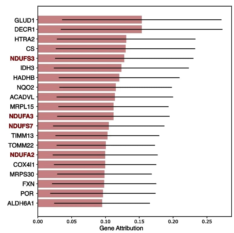 Open access visualization of Bar Plot, Error Bars, Gene expression contributors, Oxidative Phosphorylation, Mitochondrial Respiratory Complex I