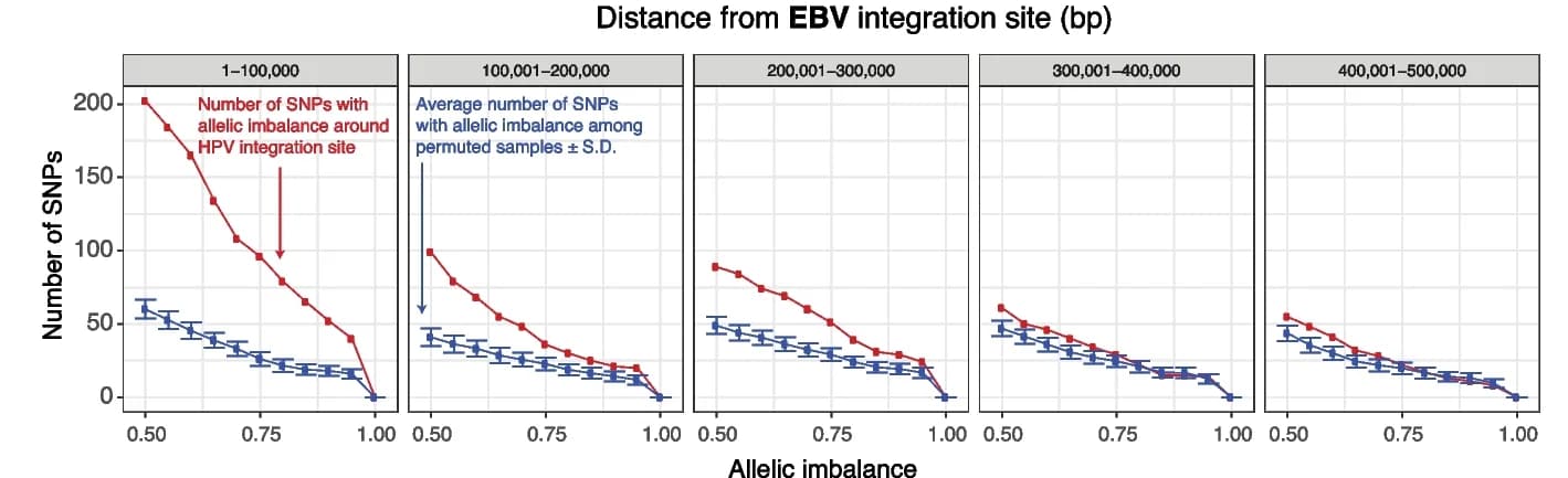 Open access visualization of Line Plot, Error Bars, Single Nucleotide Polymorphisms, Allelic Imbalance, HPV Integration