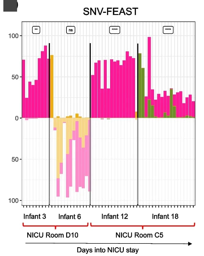 Open access visualization of Bar Plot, Stacked Bar Plot, SNV-FEAST, Infant Gut Microbiome, NICU