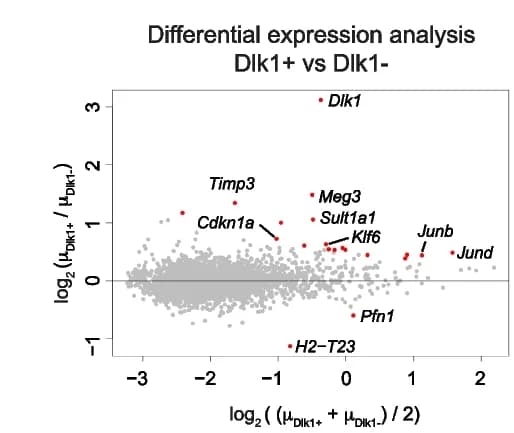 Open access visualization of Volcano Plot, Scatter Plot, Differential Expression Analysis, Dlk1+ Sorted Cells, Dlk1- Sorted Cells