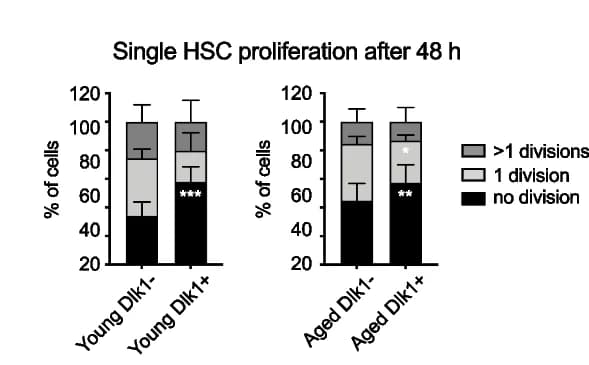 Open access visualization of Stacked Bar Plot, Error Bars, Single-Cell Proliferation Assay, Cell Divisions, LT-HSCs
