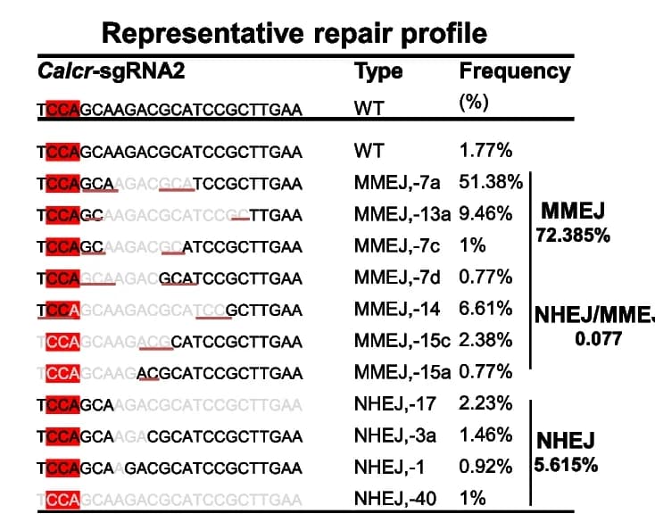 Open access visualization of Table Image, Repair Profile, Calcr-sgRNA2, PAM Sequence, Missing Sequence