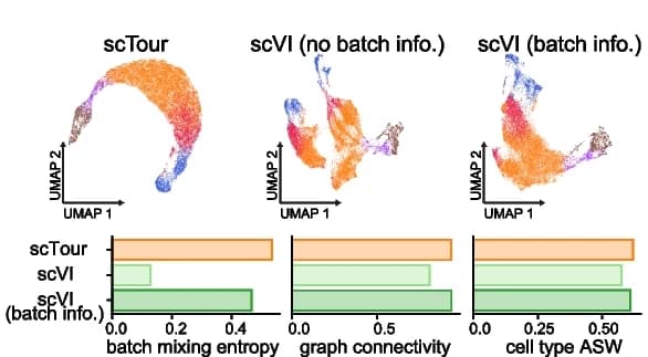 Open access visualization of UMAP, Bar Plot, Latent Space, scVI, Batch Correction
