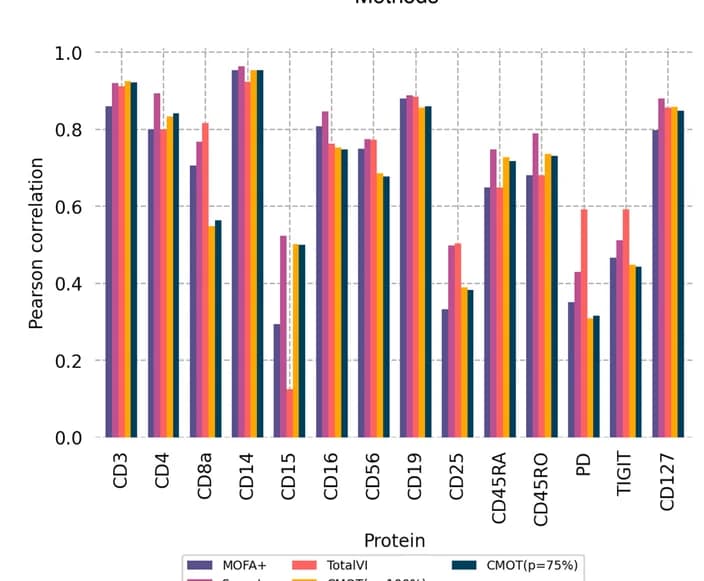 Open access visualization of Clustered, Bar Plot, Pearson Correlation, Protein Expression, CMOT