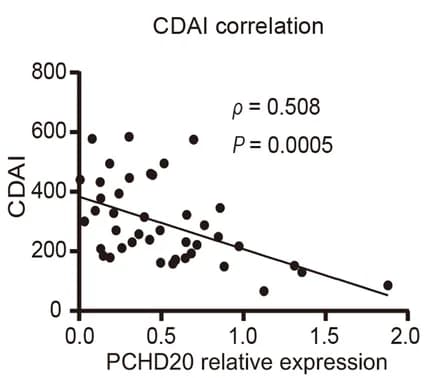 Open access visualization of Scatter Plot, Regression Plot, Correlation, PCDH20 mRNA expression, CDAI