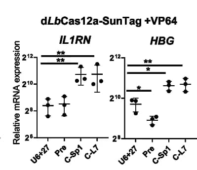 Open access visualization of Scatter Plot, Error Bars, cgRNA, Gene Activation, d Lb Cas12a
