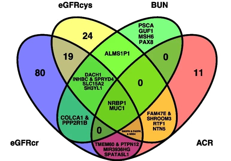 Open access visualization of Venn Diagram, TWAS, PWAS, eGFRcr, eGFRcys