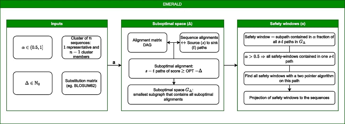 Open access visualization of Workflow, Flowchart, EMERALD, Safety Window, Protein Sequence Clusters