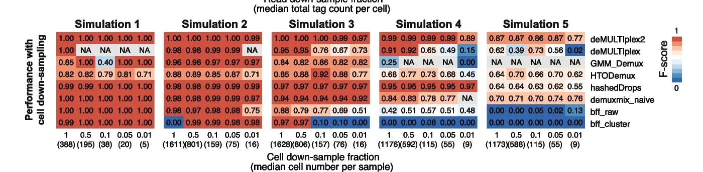 Open access visualization of Heatmap, Simulated Datasets, Down-sampled Cells, Cell Number