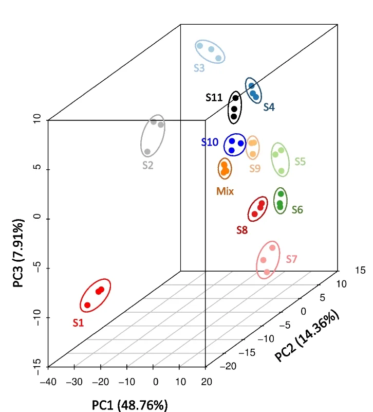 Open access visualization of 3D Plot, PCA, Principal Component Analysis, Metabolome Data, Fruit Flesh