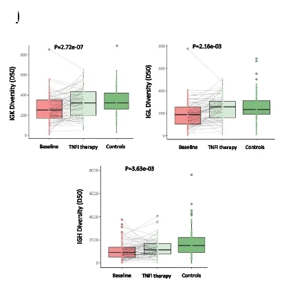 Open access visualization of Box Plot, TNFi Therapy, AIRR Diversity, BCR Chains, D50 Index