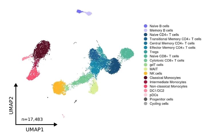 Open access visualization of UMAP, UMAP Visualization, Fresh PBMCs, Fixed PBMCs, Cell Populations
