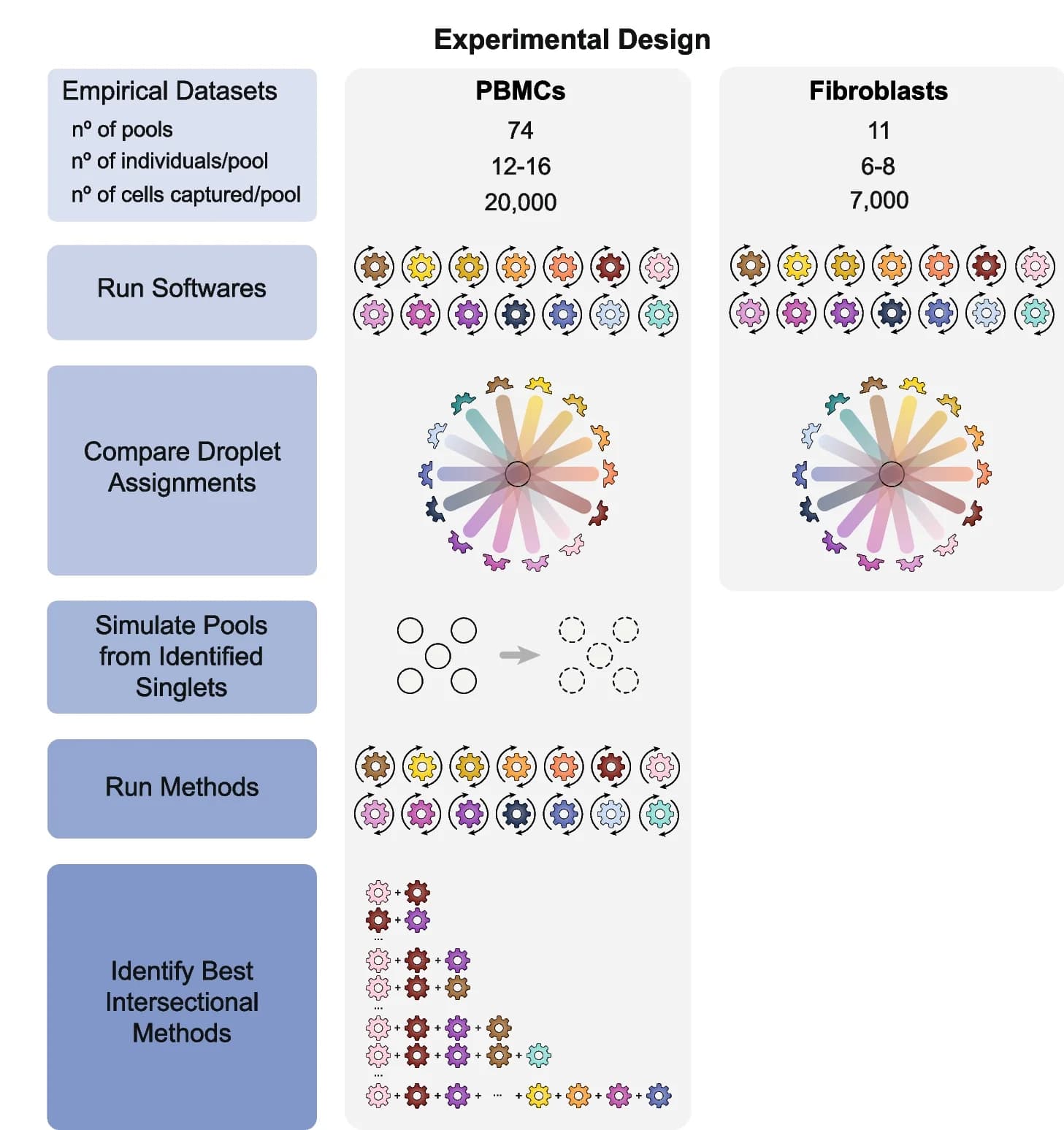 Open access visualization of Workflow, Flowchart, PBMC Dataset, Fibroblast Dataset, Demultiplexing