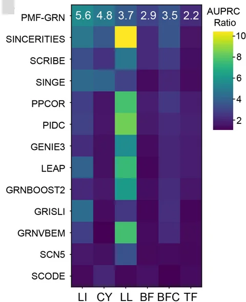 Open access visualization of Heatmap, AUPRC Ratio, Baseline Random Predictor, PMF-GRN, GRN Inference Methods