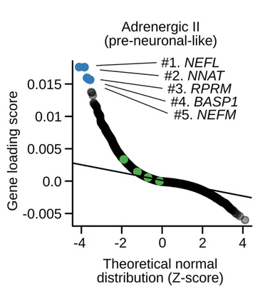 Open access visualization of Scatter Plot, QQ Plot, Gene Weights, Loading Scores, Adrenergic II Program
