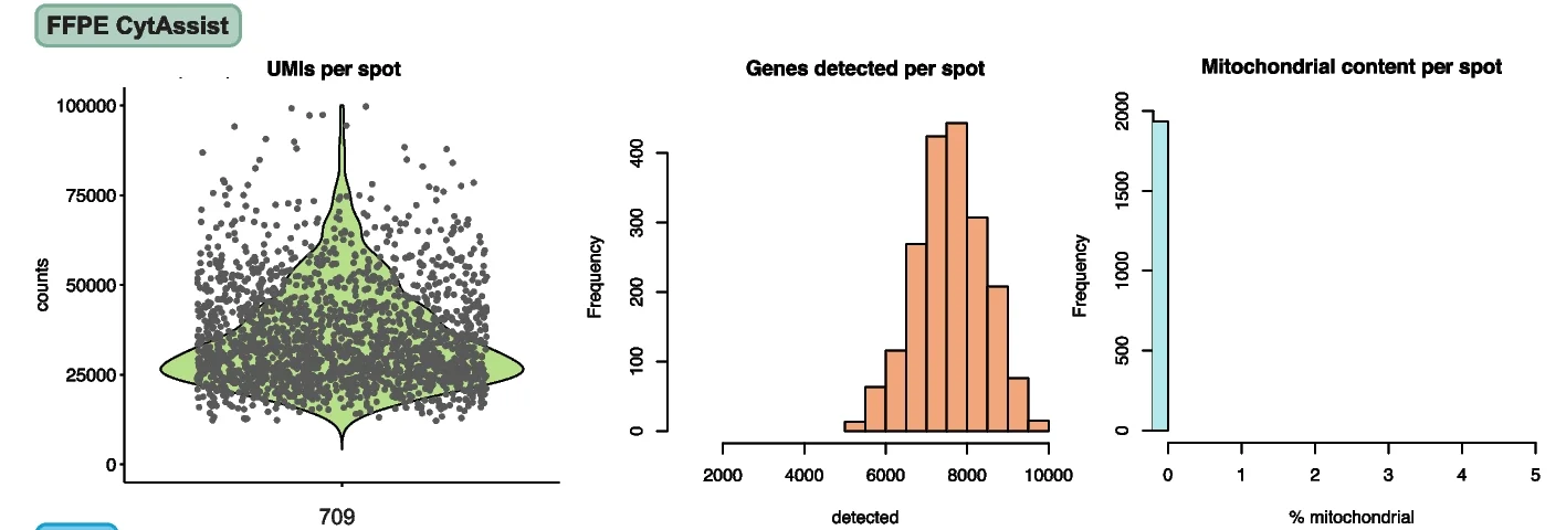 Open access visualization of Violin Plot, Histogram, Quality Control Metrics, FFPE, CytAssist Sample