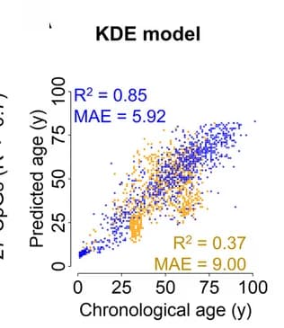 Open access visualization of Scatter Plot, 2D Kernel, Age Prediction, CpGs, Pearson Squared Correlation