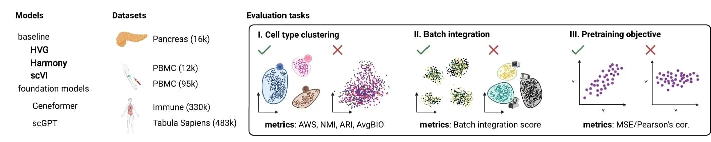 Open access visualization of Scatter Plot, Geneformer, scGPT, scVI, Harmony
