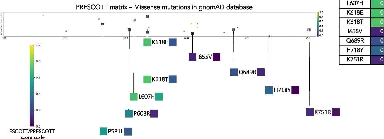 Open access visualization of Scatter Plot, Error Bars, PRESCOTT Matrix, gnomAD, Mutations