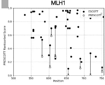 Open access visualization of Scatter Plot, ESCOTT Scores, ClinVar, Missense Mutations, gnomAD