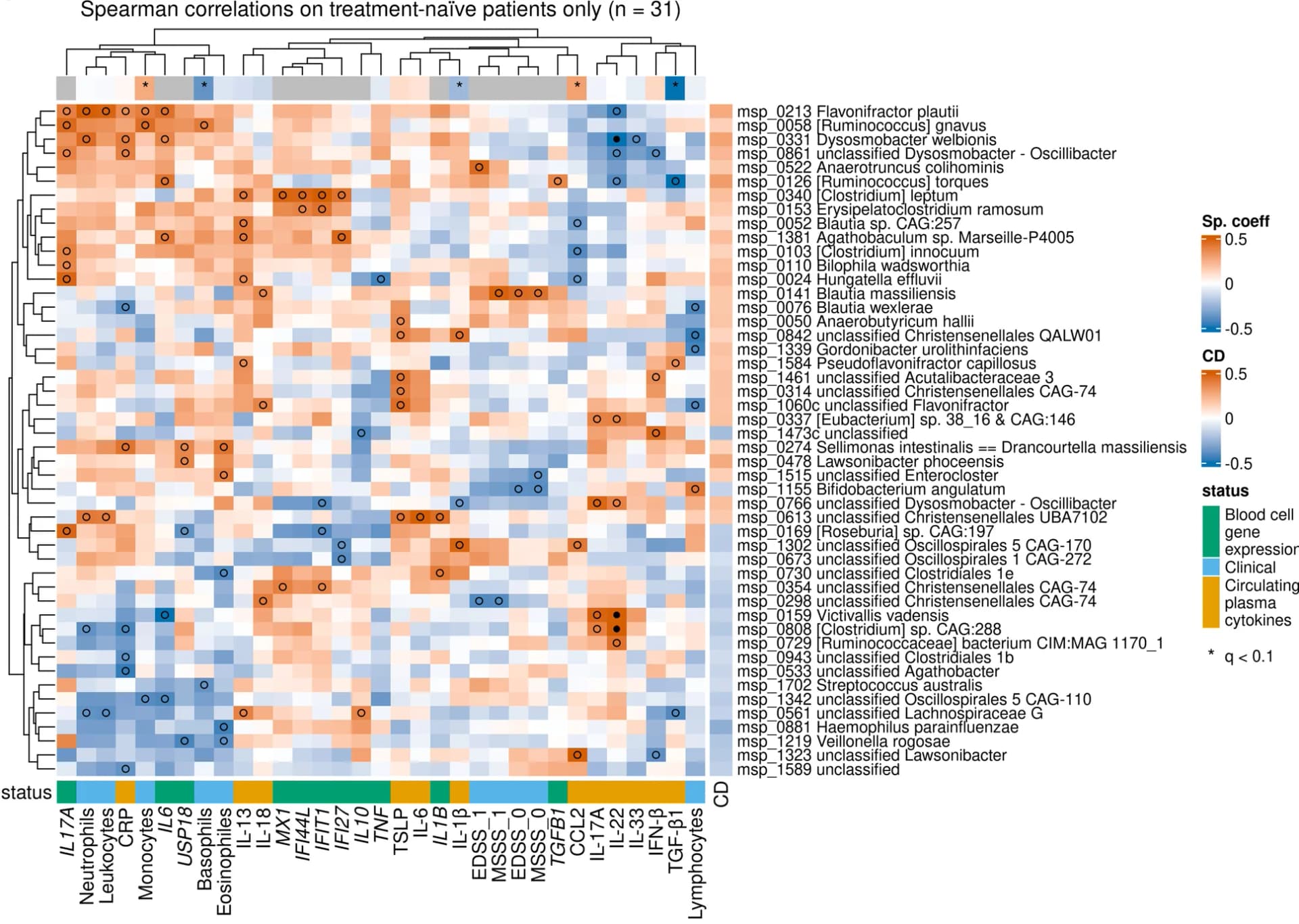 Open access visualization of Heatmap, Clustered, Metagenomics Species, Inflammatory Markers, Spearman Correlation