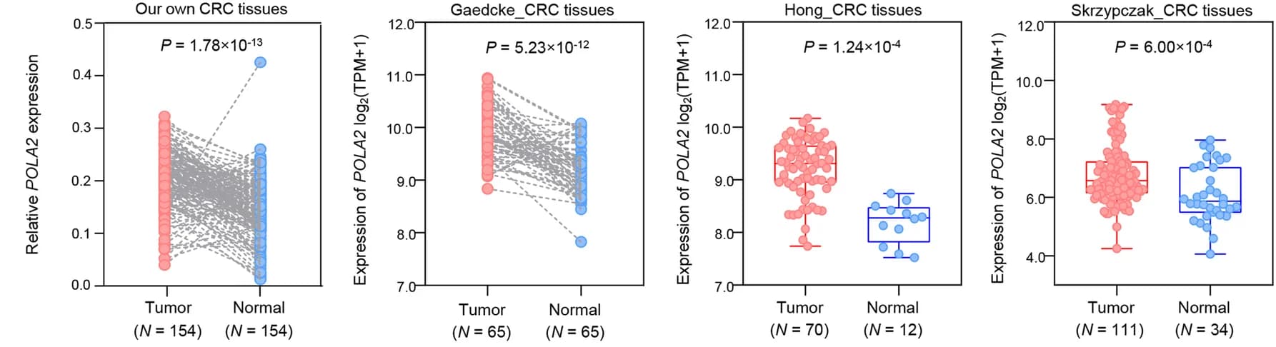 Open access visualization of Scatter Plot, Box Plot, Violin Plot, POLA2, CRC Tissues