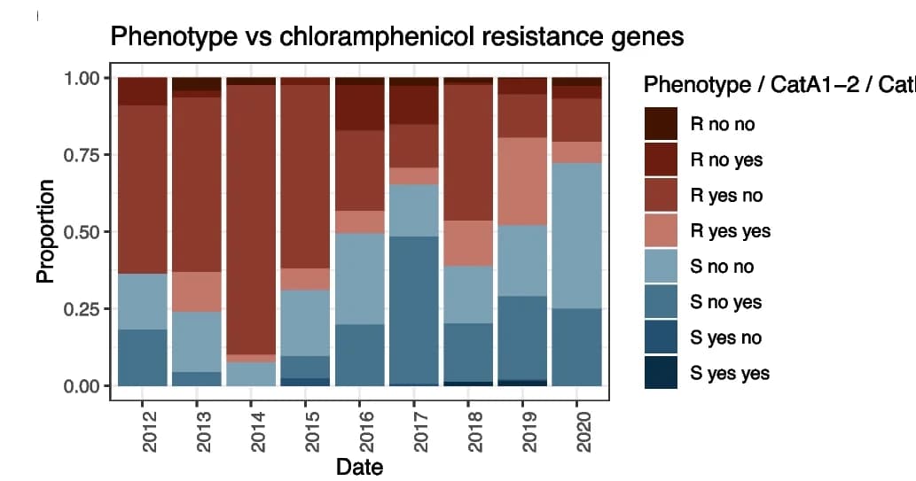 Open access visualization of Stacked Bar Plot, Chloramphenicol Resistance, Phenotype, catA1, catA2