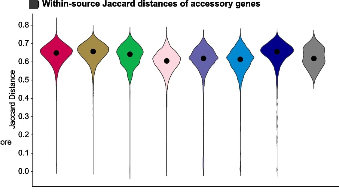 Open access visualization of Violin Plot, Pairwise Jaccard Distances, Accessory Genes, Source, Median Values