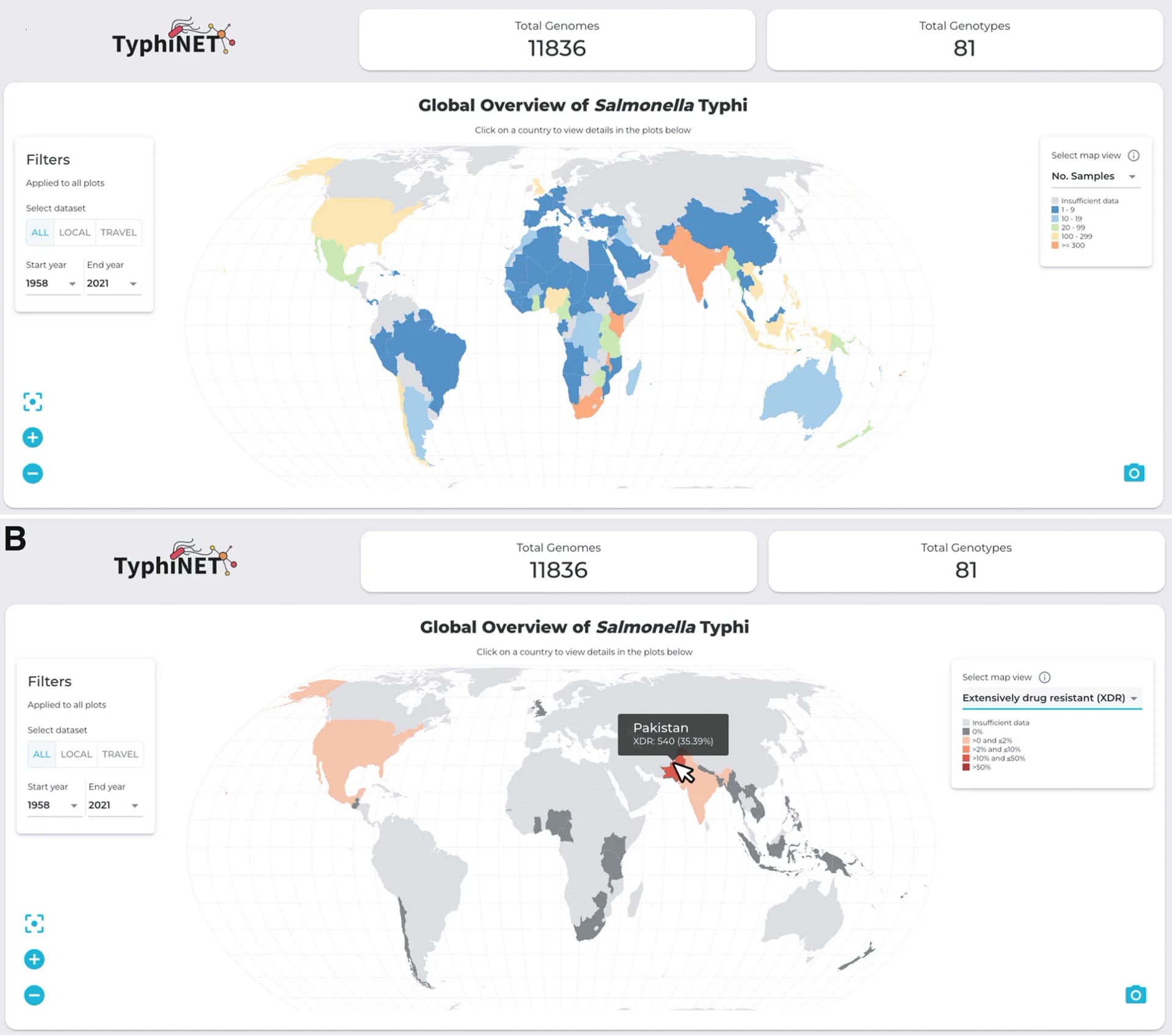 Open access visualization of Geo Map, Sample Counts, Sequences, Genotypes, TyphiNET