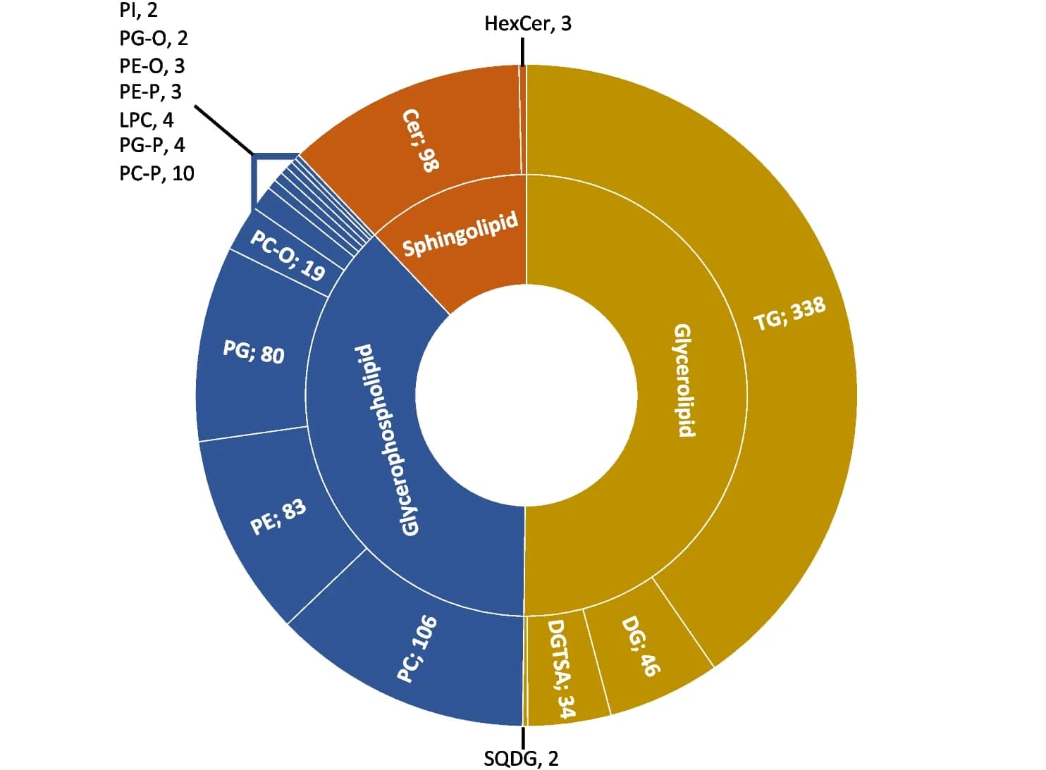 Open access visualization of Donut Chart, Lipids, Glycerolipids, Glycerophospholipids, Sphingolipids