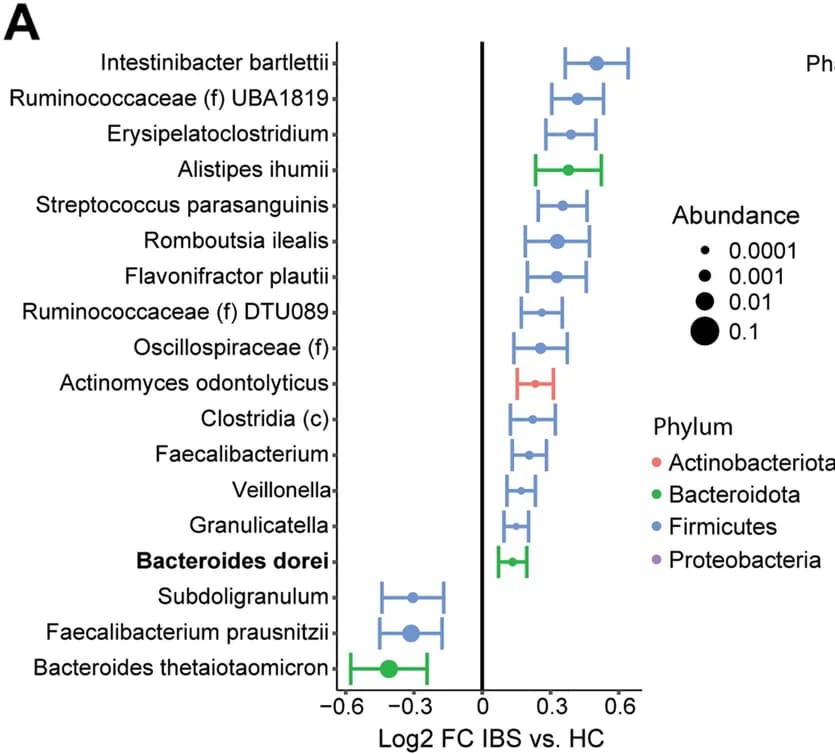Open access visualization of Scatter Plot, Error Bars, Bubble Plot, Bacterial Taxa, IBS Subjects