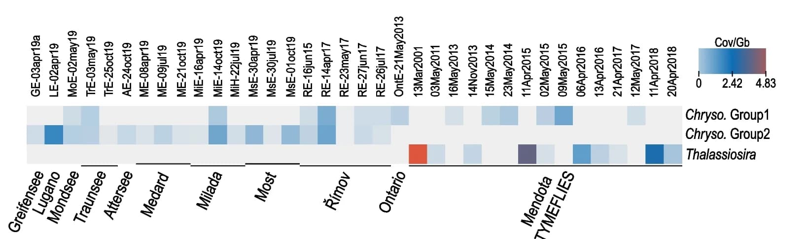 Open access visualization of Heatmap, Metagenomic abundances, Chrysochromulina, Thalassiosira, Freshwater metagenomic datasets