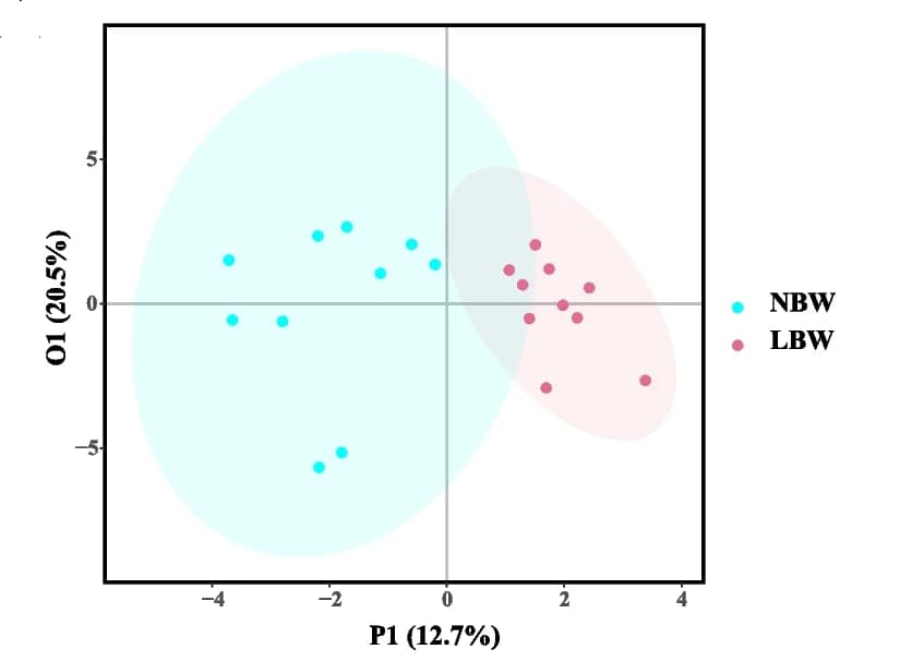 Open access visualization of Scatter Plot, PCA, Fecal Bile Acid Profiles, Low Birth Weight Piglets, Normal Birth Weight Piglets