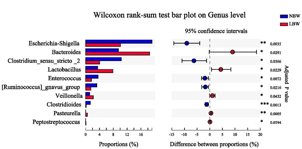 Open access visualization of Bar Plot, Error Bars, Bacterial genera, LBW groups, NBW groups