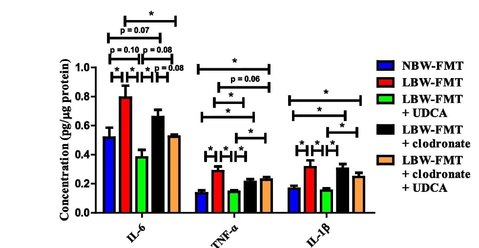 Open access visualization of Bar Plot, Error Bars, Clustered, mRNA expression, Proinflammatory cytokines