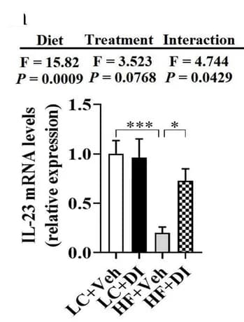 Open access visualization of Bar Plot, Error Bars, mRNA expression, IL-23, Colon