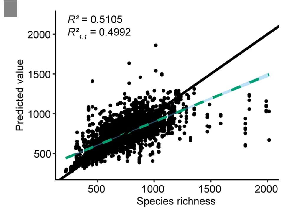 Open access visualization of Scatter Plot, Regression Plot, Species Richness, Observed Values, Predicted Values