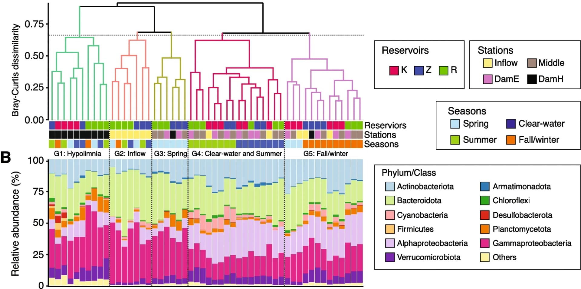 Open access visualization of Stacked Bar Plot, Clustered, Dendrogram, Clustering, Reservoirs