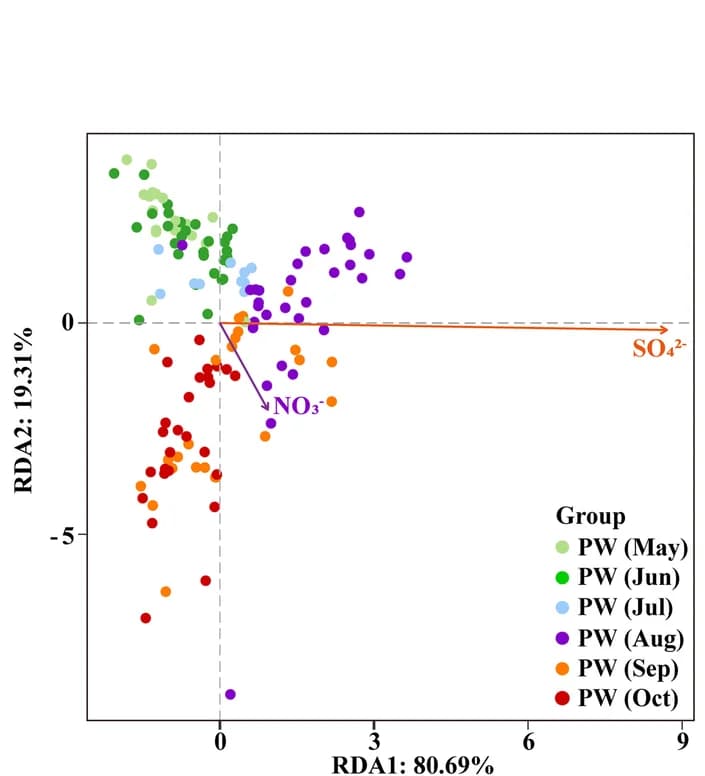 Open access visualization of Scatter Plot, Transformed Redundancy Analysis, Electron Acceptors, Microbial Community Structure, PW Samples