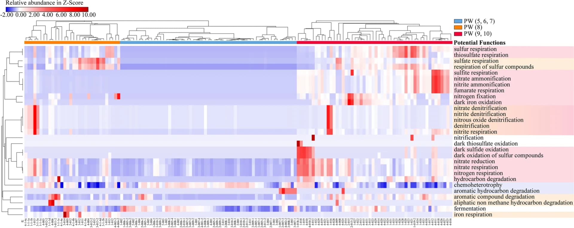 Open access visualization of Heatmap, Clustered, FAPROTAX Database, Functional Bacterial Groups, Community Functional Profiles