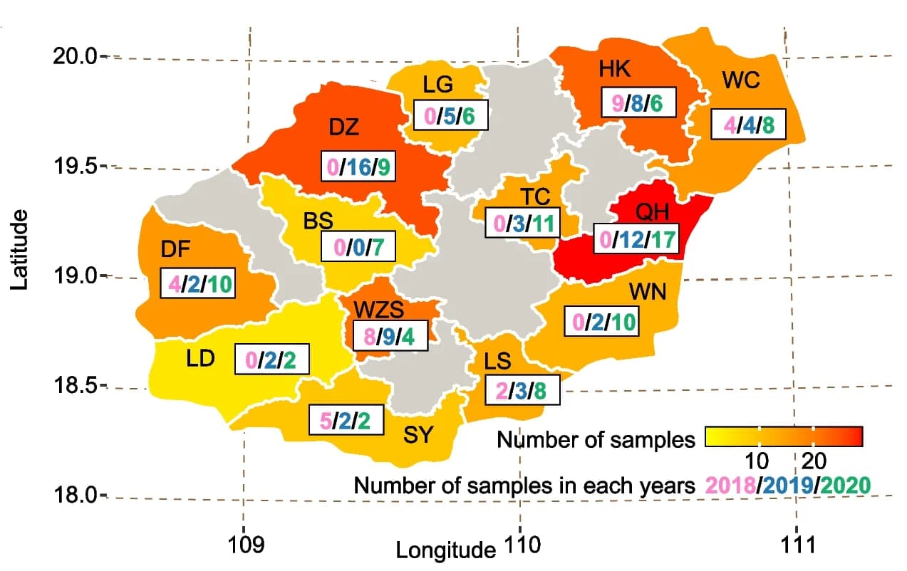 Open access visualization of Geo Map, Mosquito Species, Sampling Locations, Hainan Island