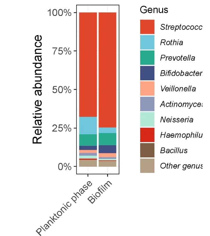Open access visualization of Stacked Bar Plot, Bacteria, Planktonic Phase, Biofilm, Genus
