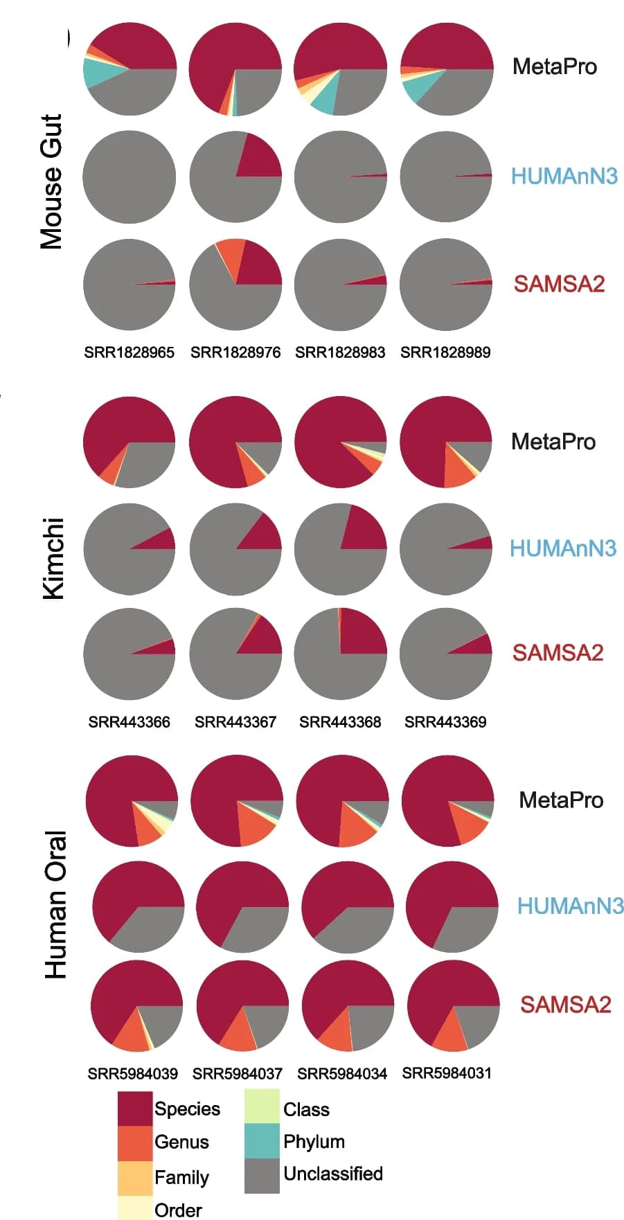 Open access visualization of Pie Chart, MetaPro, HUMAnN3, SAMSA2, Taxonomic classification