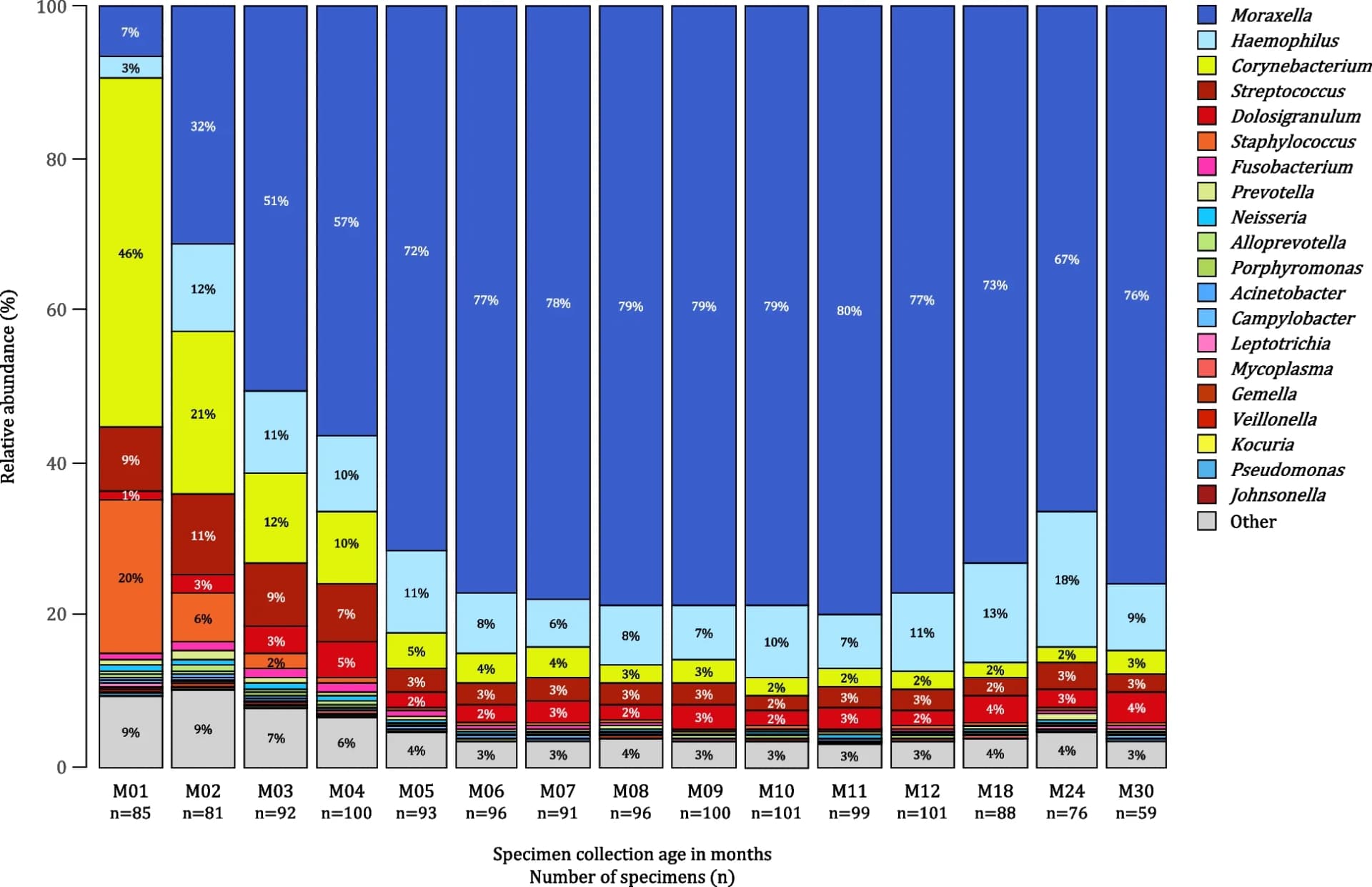 Open access visualization of Stacked Bar Plot, Nasopharyngeal Bacteria, Bacterial Genera, Relative Abundance, Timepoints