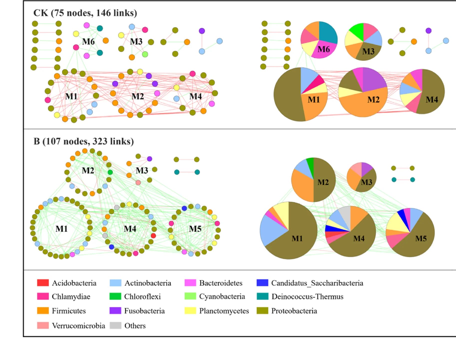 Open access visualization of Network, Pie Chart, Network Modules, Phyla Distribution, Correlation Network
