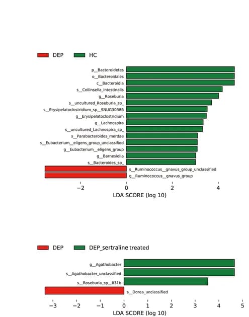 Open access visualization of Bar Plot, Linear Discriminant Analysis Effect Size, LEfSe Analysis, Healthy Controls, Depression